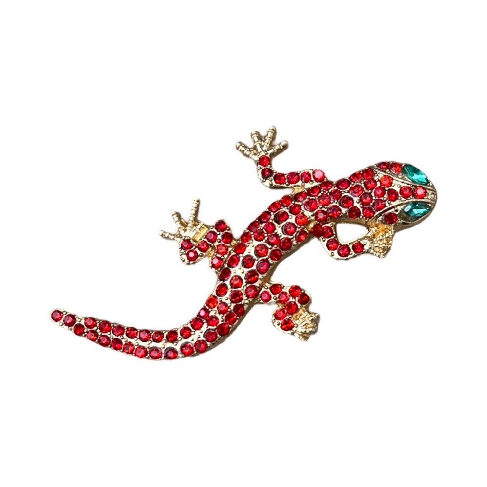 Brooch NIP Red Crystal with Teal Eyes on gold tone base